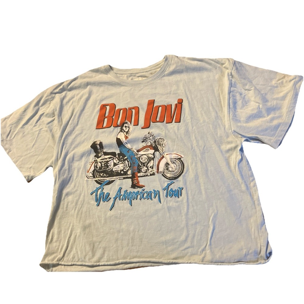 Bon Jovi American Tour Graphic Print Tee T-Shirt Mens XL Blue Short Slv Cut Off